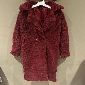 Eilly Bazar Women's Plush Burgundy Double Button Teddy Coat